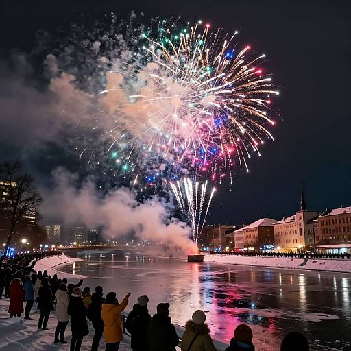 Photograph of a nighttime city square with people skating, surrounded by vibrant fireworks reflecting on the ice, illuminated buildings, and snow-covered ground.