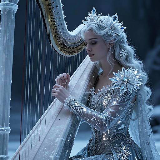 Icebound Harpist in Wintry Couture
