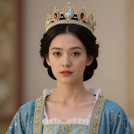 Photograph of a young Asian woman with fair skin, black braided hair, wearing a gold, jeweled crown, and a blue, embroidered gown