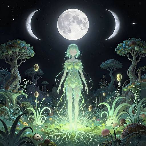 Digital fantasy artwork of a glowing, green-skinned female figure standing in a luminescent forest under a bright full moon and crescent moons. Surround