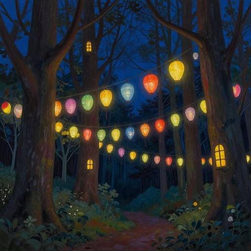 Nighttime forest scene with colorful lanterns hanging among tall trees, glowing yellow windows, and a winding path illuminated by lanterns.