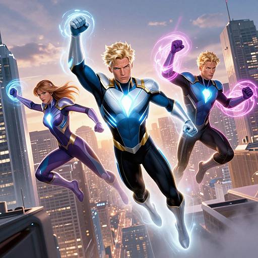 Digital illustration of three superheroes with glowing blue and purple energy rings, leaping from a skyscraper rooftop at sunset.