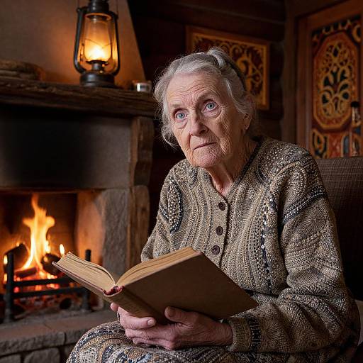 Photograph of an elderly woman with white hair, wearing a textured brown sweater, reading a book by a roaring fireplace. Lantern and ornate wall art