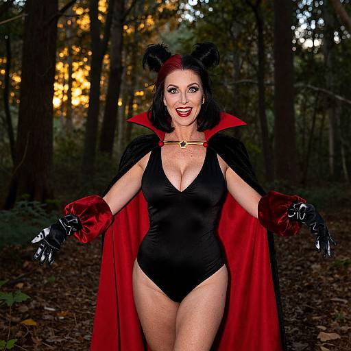Photograph of a smiling, fair-skinned woman with black hair in a witch costume, red cape, black bodysuit, and gloves, standing