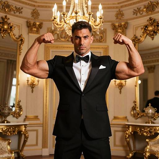 Muscular man in black tuxedo with bow tie, flexing arms in opulent, gold-decorated room with chandelier, photograph.