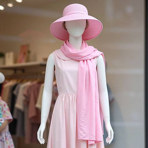 Photograph of a faceless white mannequin wearing a pink sunhat, pink scarf, and light pink dress, displayed in a brightly lit clothing