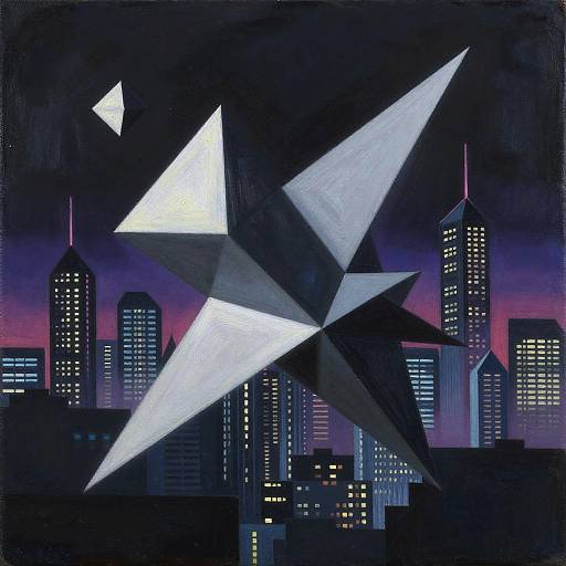 Digital artwork of a futuristic cityscape at night, featuring sharp, white geometric shapes against a dark, purple-hued skyline with illuminated skyscrapers.