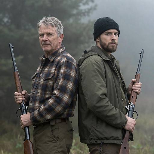 Men in Foggy Forest with Rifles
