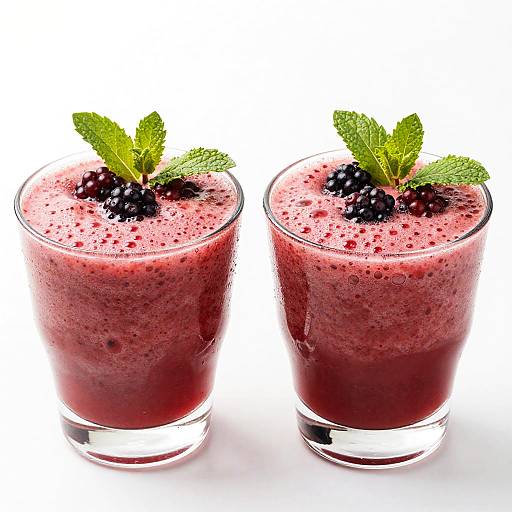 Photograph of two glass cups filled with red, textured berry smoothie, topped with blackberries and mint leaves, against a white background.