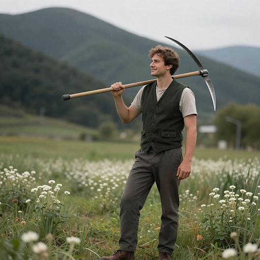 Man Holding Scythe in Flowering Field