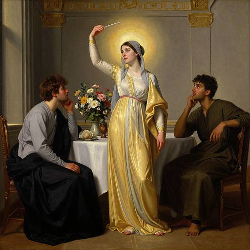 Oil painting of Mary holding a staff, wearing gold and white robes, with two men seated at a table with flowers.