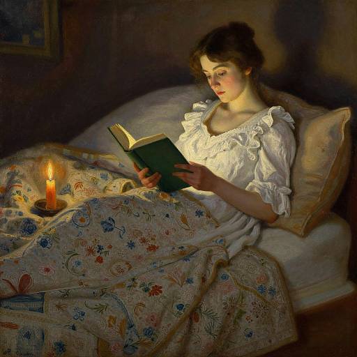 Photograph-style digital painting of a young woman with fair skin and brown hair, wearing a white ruffled dress, reading a book under a candlelit