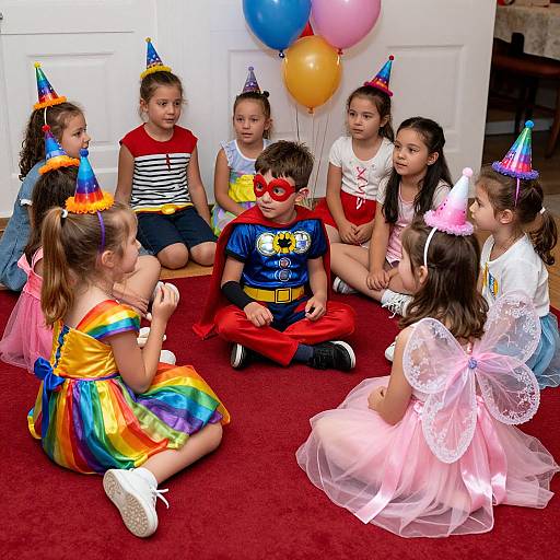 Photograph of seven young children celebrating a birthday, wearing colorful party hats, superhero and fairy costumes, and sitting on a red carpet in front of white