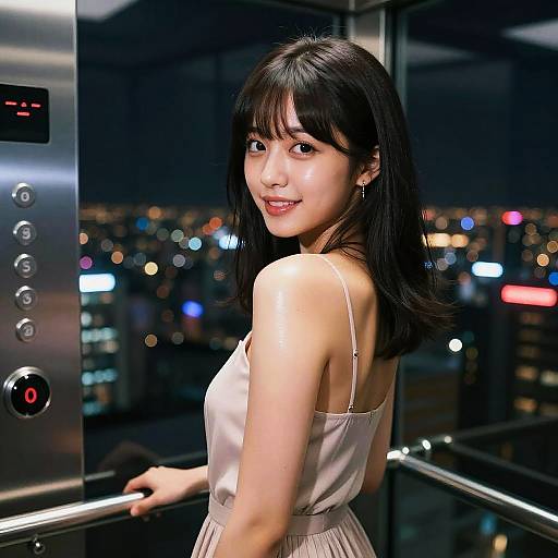 Photograph of an Asian woman with straight black hair, wearing a white spaghetti-strap dress, smiling in a nighttime cityscape, standing next to a