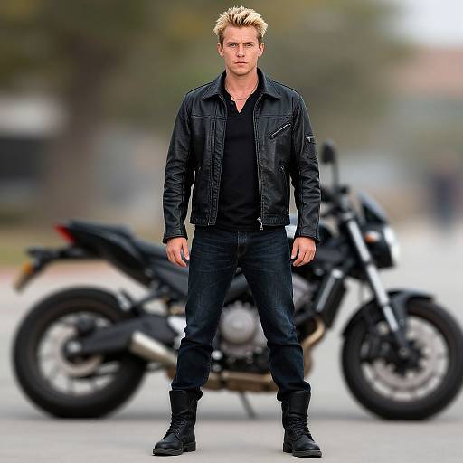 Photograph of a blonde, blue-eyed man in a black leather jacket, black shirt, jeans, and boots, standing confidently in front of a blurred