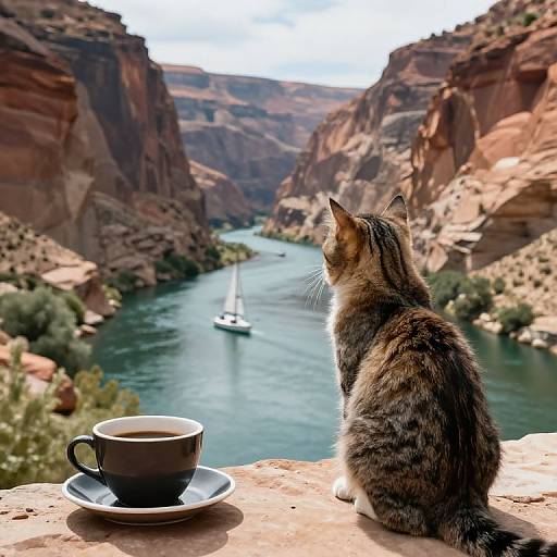Photograph of a tabby cat sitting on a rocky ledge, facing a river canyon with a white sailboat, and a cup of coffee on a