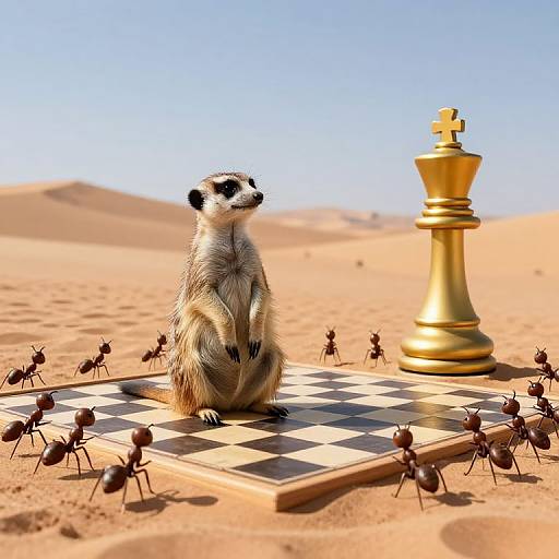Photograph of a meerkat sitting on a chessboard in a desert, with ants around it and a large gold king piece in the background.