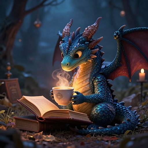 CGI dragon with blue scales, red wings, and horns, reading a book by candlelight, holding a steaming mug in a mystical forest.