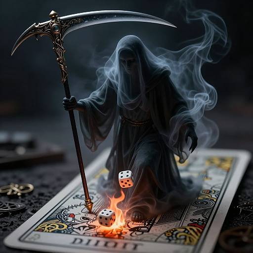 Photograph of a ghostly figure in black robes wielding an ornate scythe, standing over a burning deck of tarot cards with dice nearby,