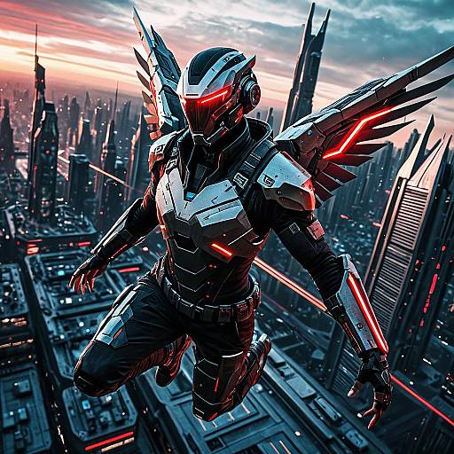 Cyberpunk Warrior Soaring Over Futuristic City