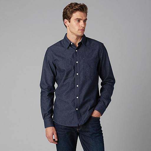Young Man in Dark Blue Business Casual Shirt and Jeans