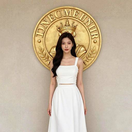 Woman in White Skirt Set by Medallion Wall