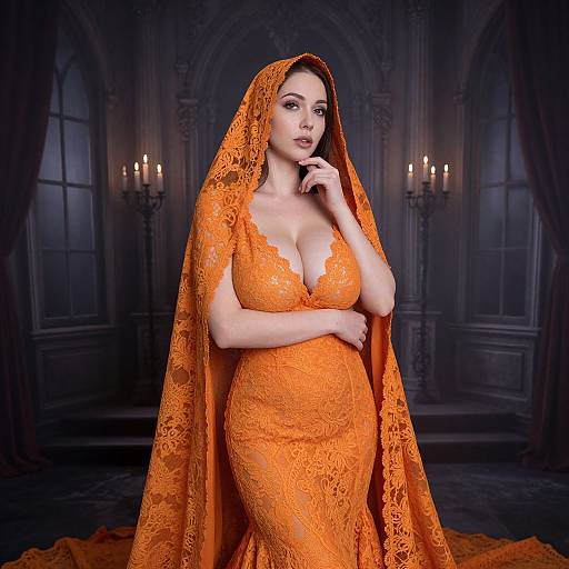 Photograph of a curvy woman with fair skin, large breasts, and dark hair, wearing an orange lace wedding gown and veil, standing in a