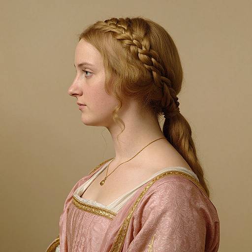 Side profile photograph of a young woman with fair skin, long red hair in a braid, wearing a pink medieval-style dress with gold trim. Neutral