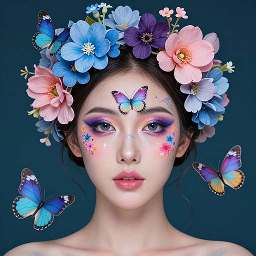 Digital portrait of a fair-skinned woman with flower crown, butterfly makeup, blue and purple flowers, and three blue butterflies. Dark blue background. Vibr