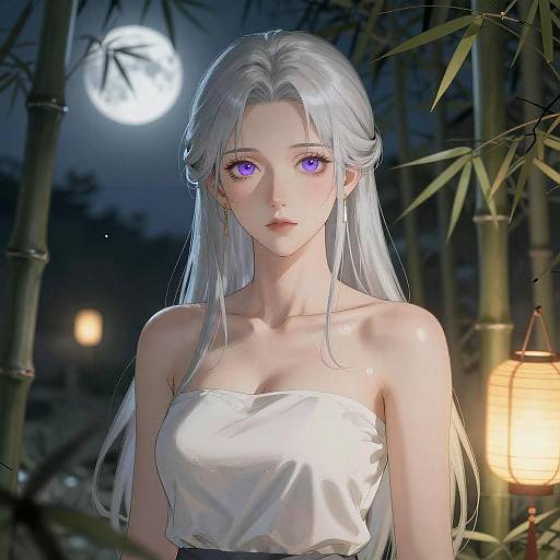Anime Woman with Silver Hair in Moonlit Bamboo Forest
