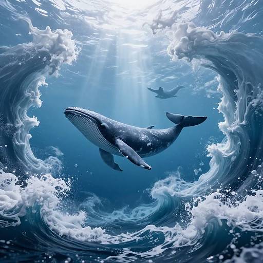 Digital artwork of a massive blue whale swimming through a powerful, sunlit ocean wave, with a smaller silhouette in the background.