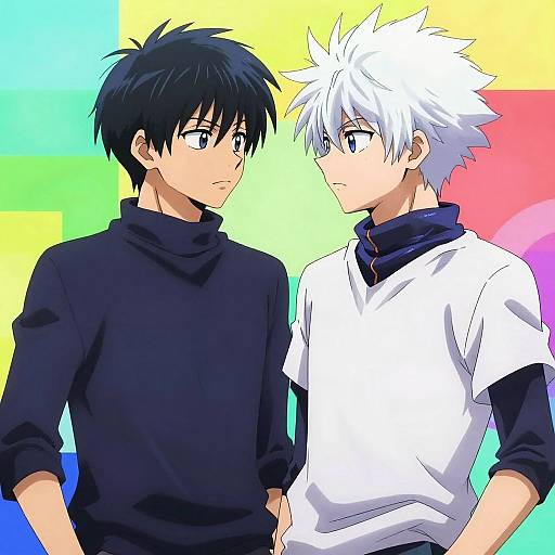 Digital anime-style drawing of two young men facing each other; one with black hair in a black turtleneck, the other with white hair in a