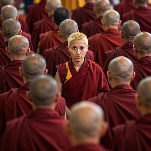 Intense Scene with Bald Monks and Woman