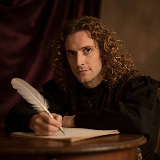 Photograph of a man with long, curly brown hair, wearing a black shirt, writing with a white feather quill on a wooden table, set