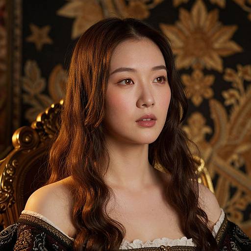 Photograph of an Asian woman with long, wavy brown hair, fair skin, and soft expression, wearing a black off-shoulder dress with
