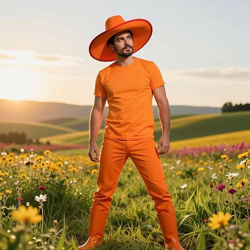 Confident Man in Vibrant Orange Outfit