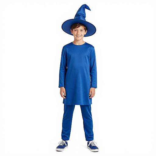 Photograph of a smiling young boy in a blue wizard outfit, including hat, long shirt, pants, and black-and-white sneakers, standing against a