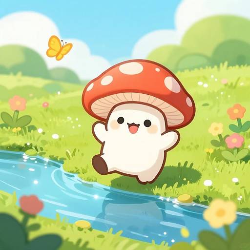 Cute cartoon mushroom character with a red cap and white spots joyfully jumps near a sparkling blue stream, surrounded by vibrant green grass, colorful flowers,