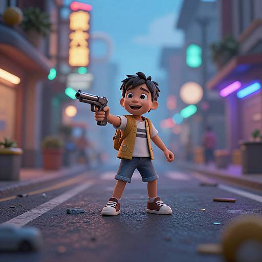 Digital 3D cartoon of a young boy in a brown vest, white shirt, and denim shorts, holding a gun on a neon-lit,