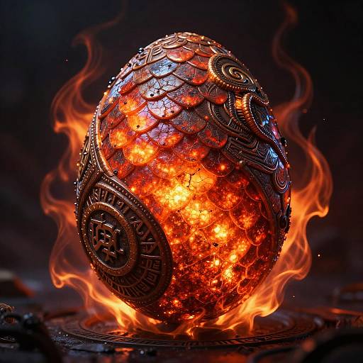 Photograph of a glowing, intricately patterned, fiery orb surrounded by bright orange flames, with dark, smoky background and metallic textures.