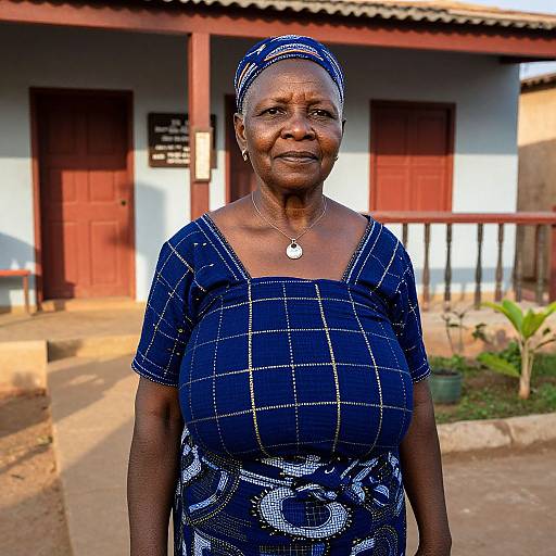 Photograph of an elderly African woman with dark skin, wearing a blue checkered dress and headscarf, standing in front of a white building with