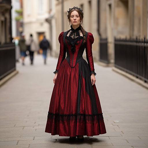 Photograph of a young woman in a Victorian-style red and black gown, standing confidently in a narrow, blurred urban alley.