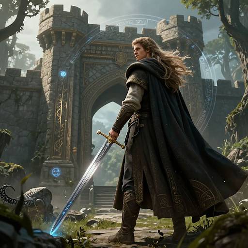 Digital fantasy artwork: Long-haired warrior with blue glowing sword stands before ancient, mystical stone archway, surrounded by lush greenery.