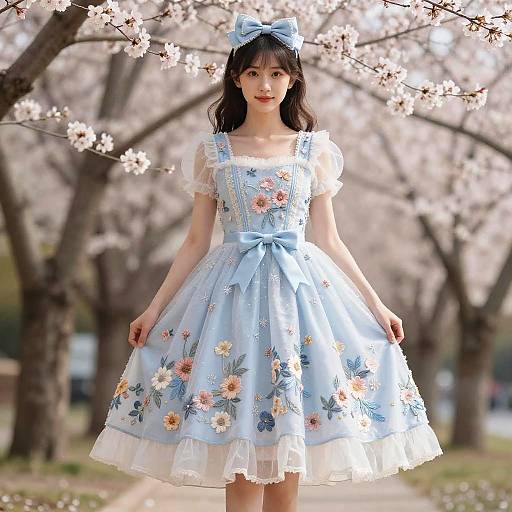 Woman in Blue Floral Embroidered Dress with Bow Headband
