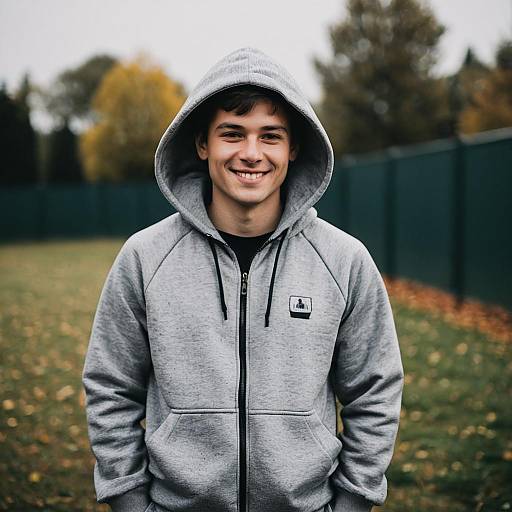 Smiling Young Man in Grey Hoodie Outdoors