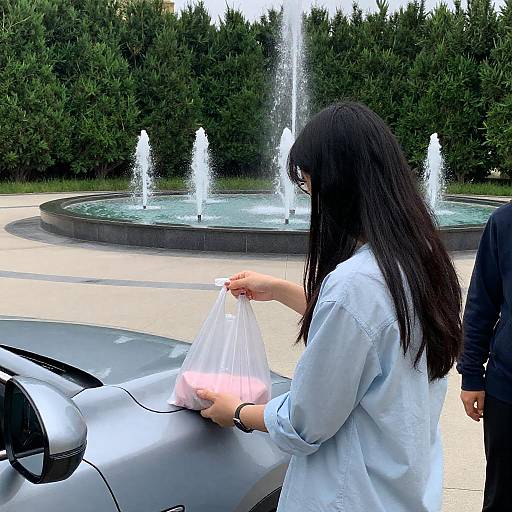 Woman Holding Bag Beside Silver Car by Fountain