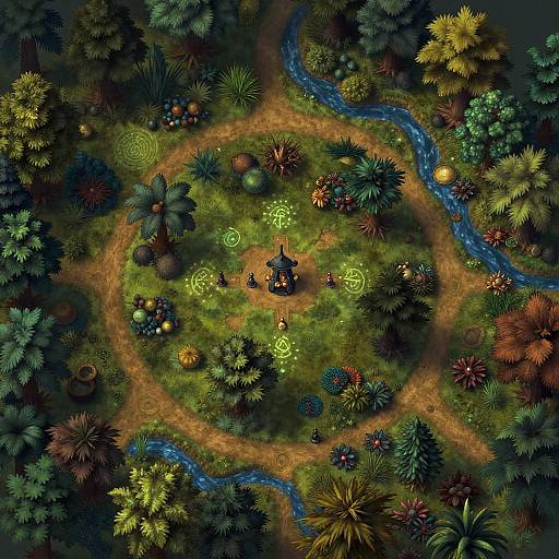Top-down digital fantasy forest scene: colorful foliage, glowing runes, winding path, small hut, blue river, vibrant trees, and mushrooms.
