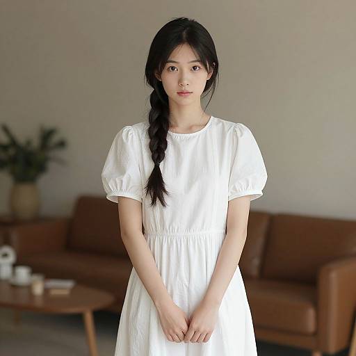Photograph of an Asian woman with long black hair in a braid, wearing a white, short-sleeved dress, standing in a modern living
