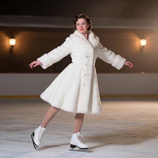 Photograph of a smiling woman in a white fur coat and white ice skates, gliding gracefully on an indoor ice rink.