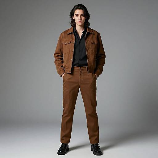 Photograph of a man with long dark hair, wearing a brown jacket and pants, black shirt, and black shoes, standing against a gradient grey background